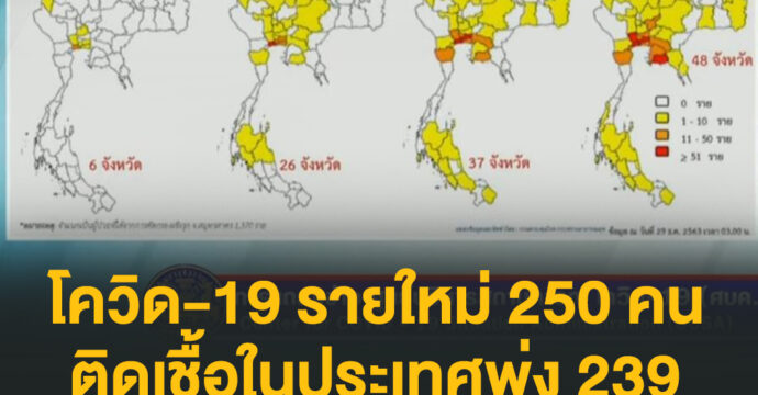 โควิด-19 รายใหม่ 250 คน ติดเชื้อในประเทศพุ่ง 239 คน